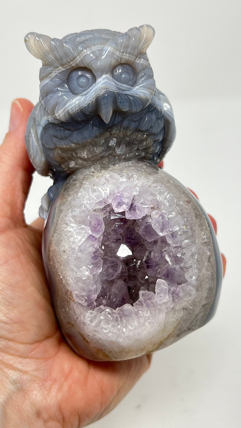 Amethyst Geode and Agate Owl Carving