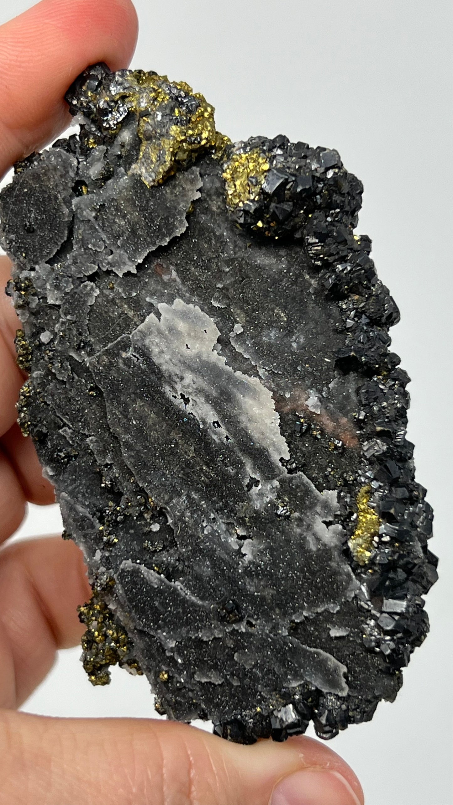 Andradite Garnet, Chalcopyrite over Quartz Druse, Peru