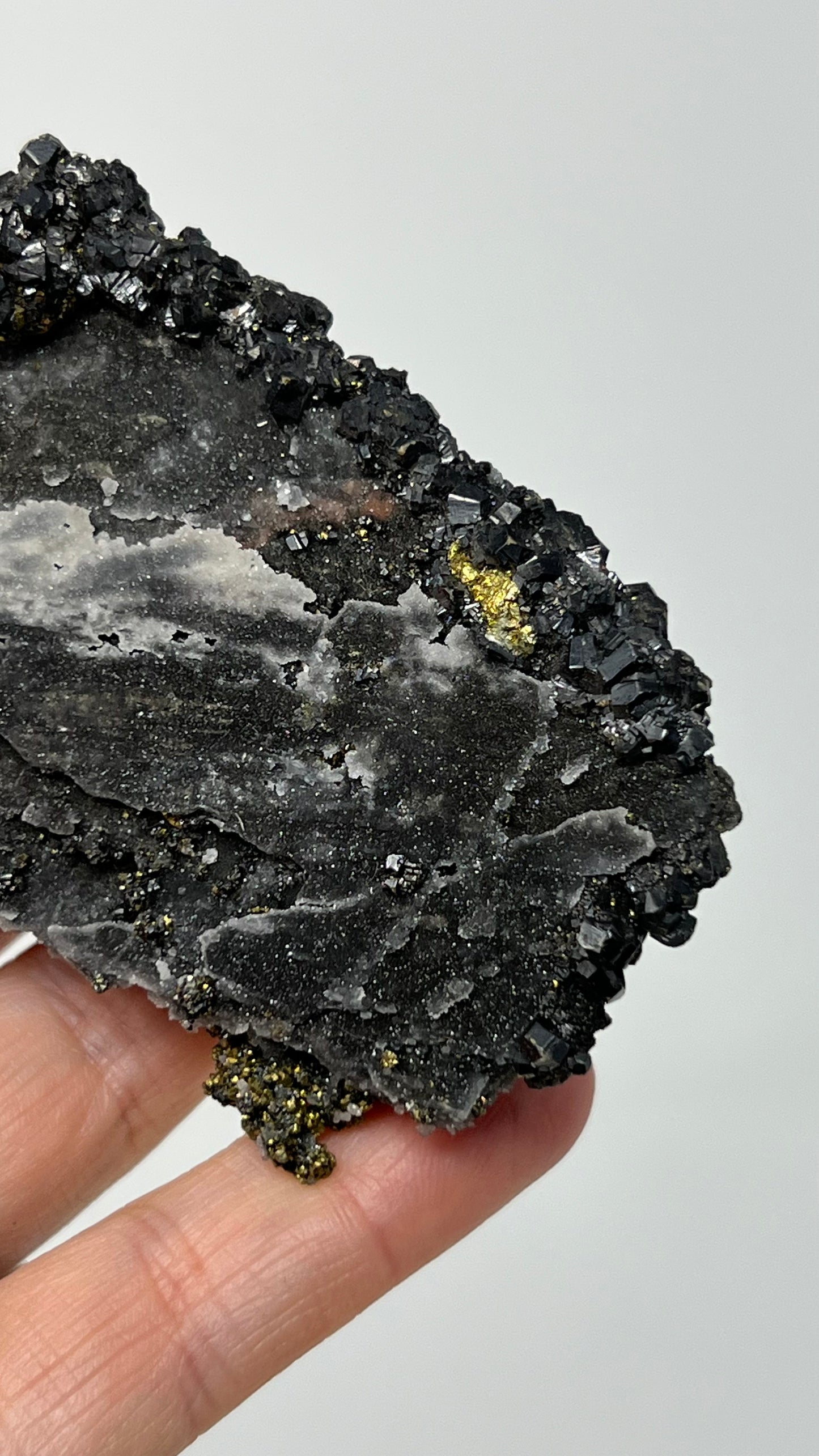 Andradite Garnet, Chalcopyrite over Quartz Druse, Peru