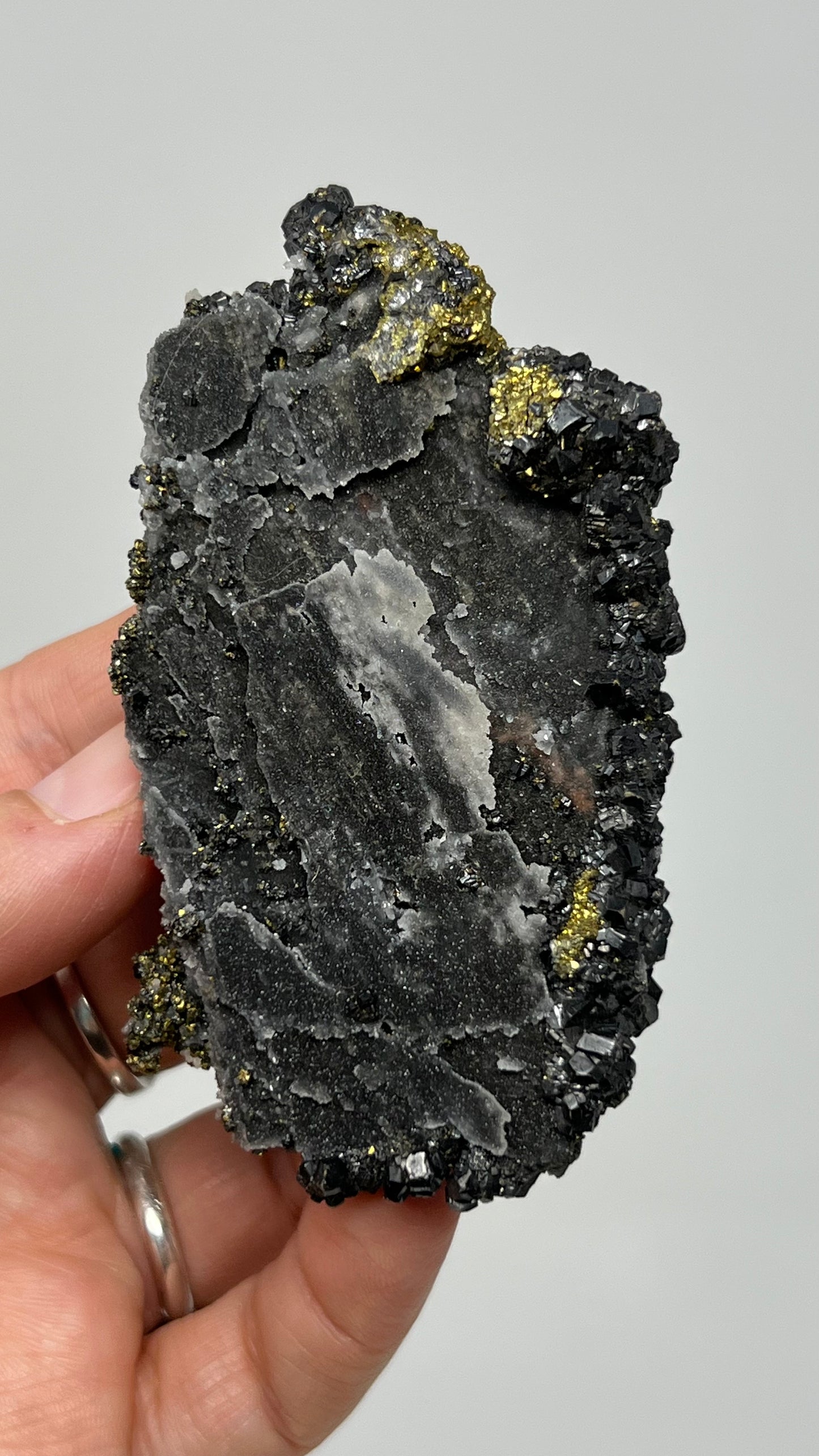 Andradite Garnet, Chalcopyrite over Quartz Druse, Peru