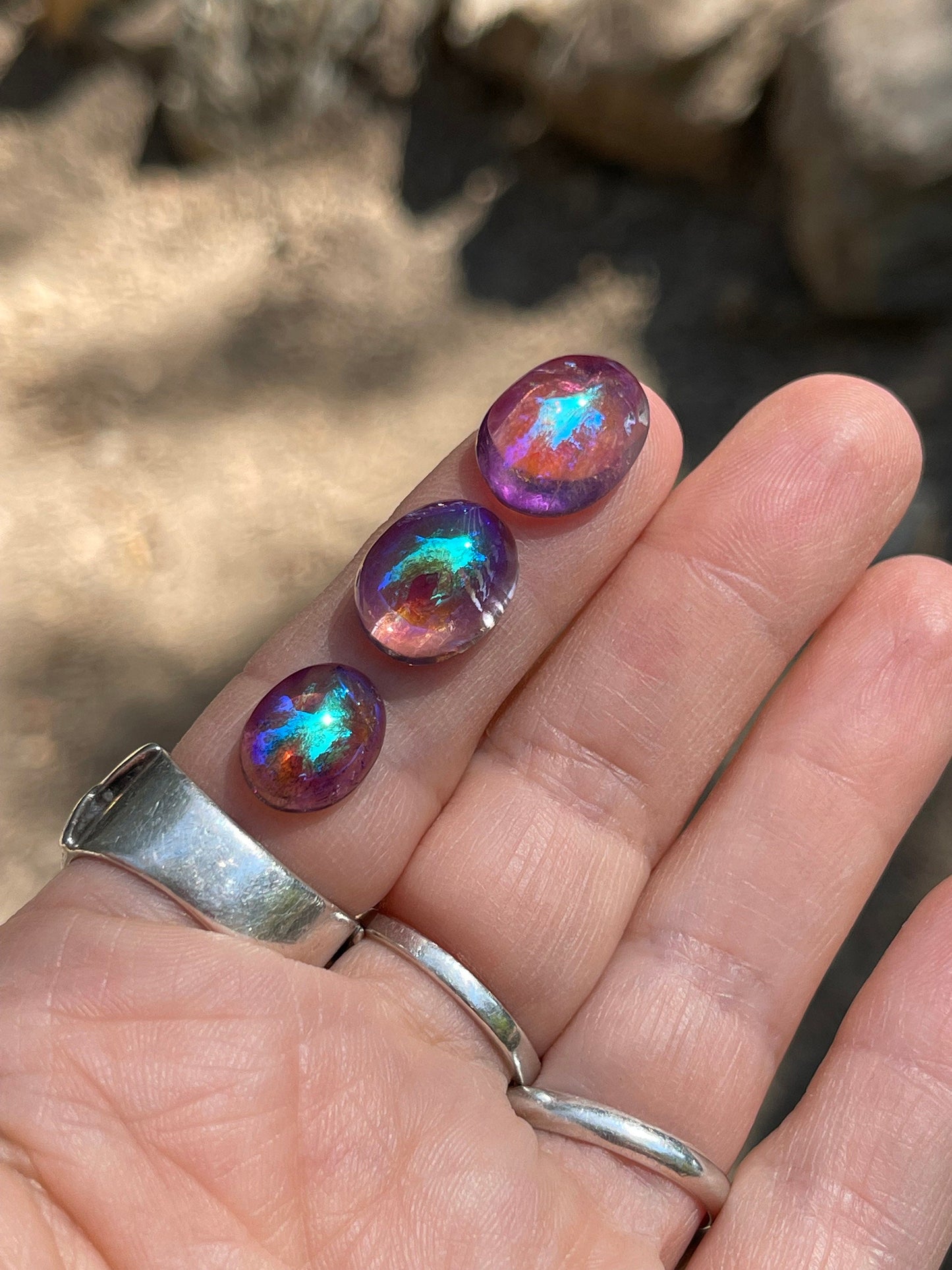 Three (3) Angel Aura Amethyst Dome Cabochons, Transformation, Prosperity, Abundance, Love, 3-AMYA-DOME