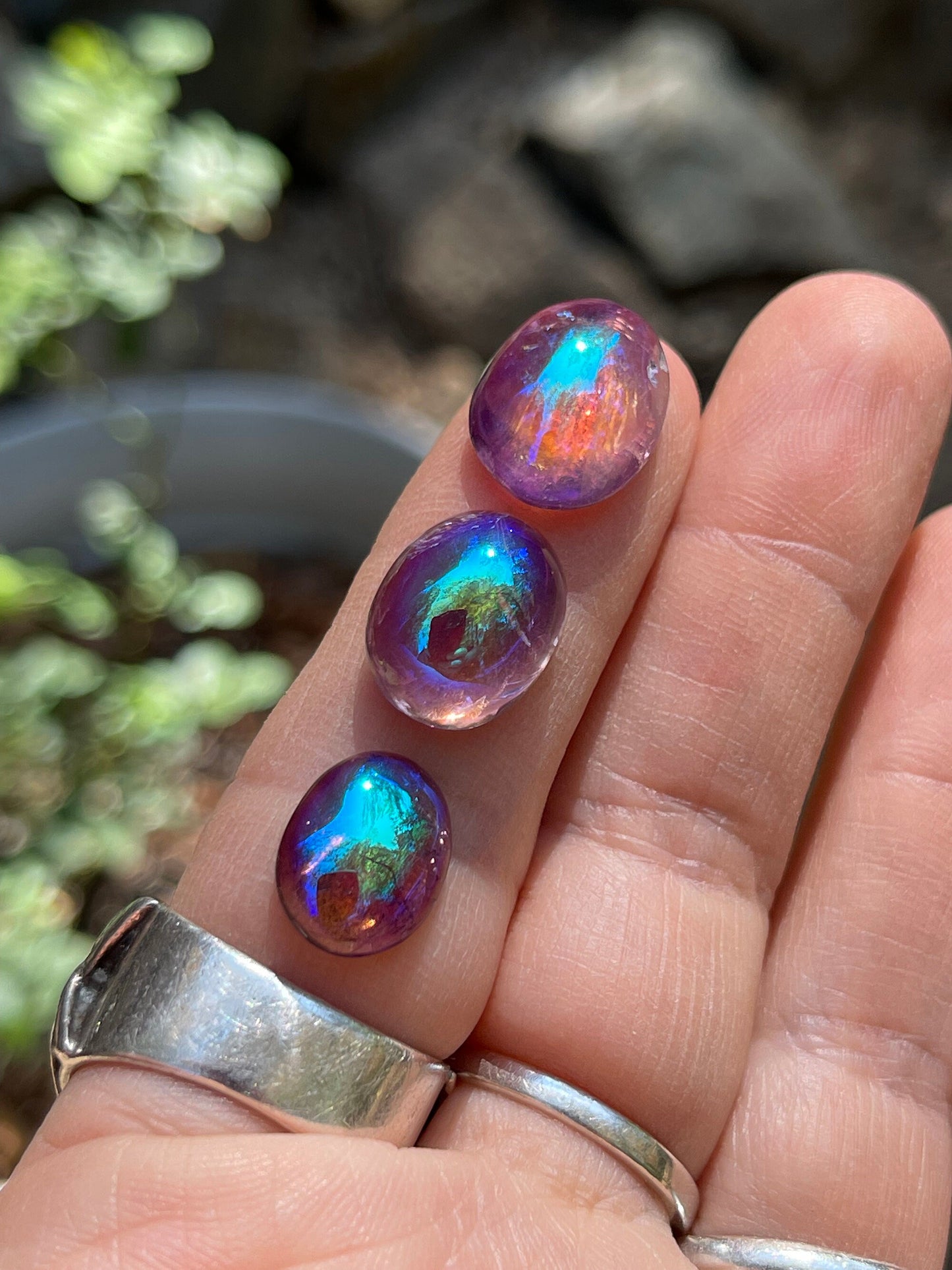 Three (3) Angel Aura Amethyst Dome Cabochons, Transformation, Prosperity, Abundance, Love, 3-AMYA-DOME