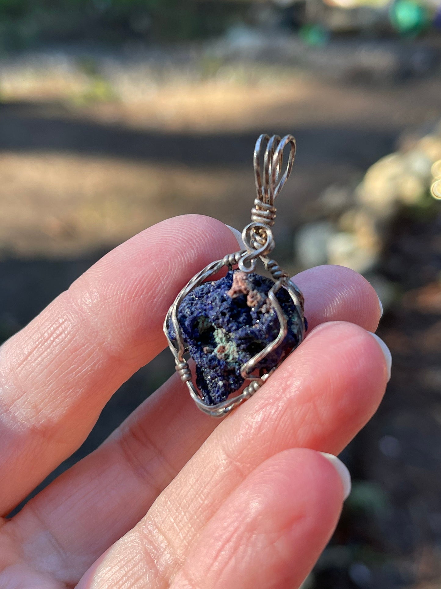 Azurite Druse Rosette Wire Wrap Pendant Arizona