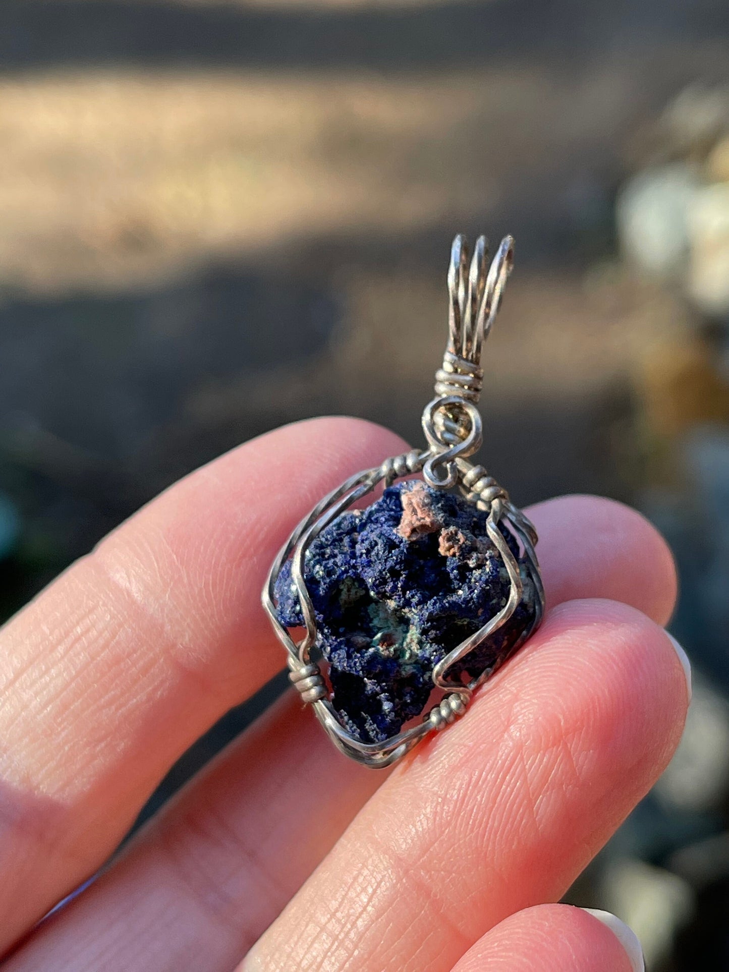 Azurite Druse Rosette Wire Wrap Pendant Arizona