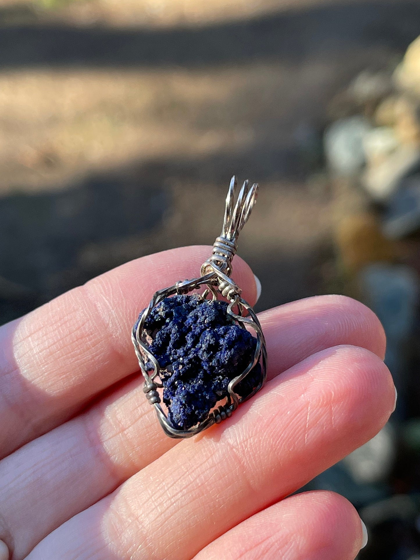 Azurite Druse Rosette Wire Wrap Pendant Arizona