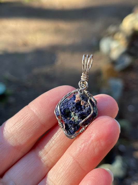 Azurite Druse Rosette Wire Wrap Pendant Arizona