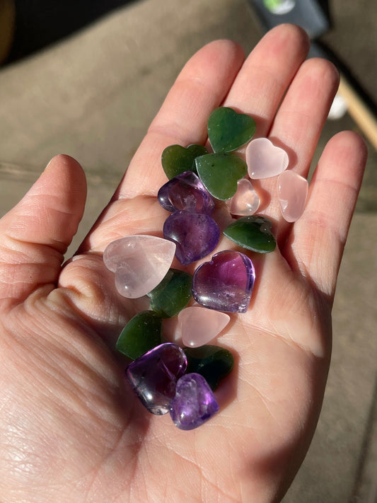 Lot of Gem Crystal Hearts, Jade, Amethyst & Rose Quartz Violet Flame