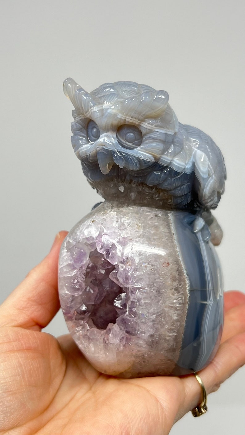 Amethyst Geode and Agate Owl Carving