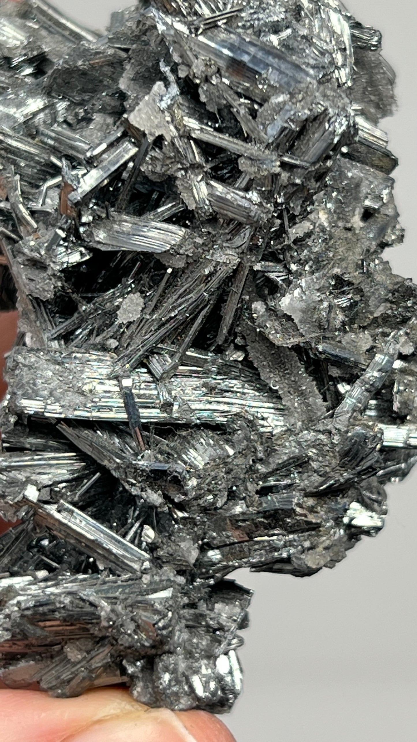 Prismatic Stibnite Cluster with Chalcedony Druse