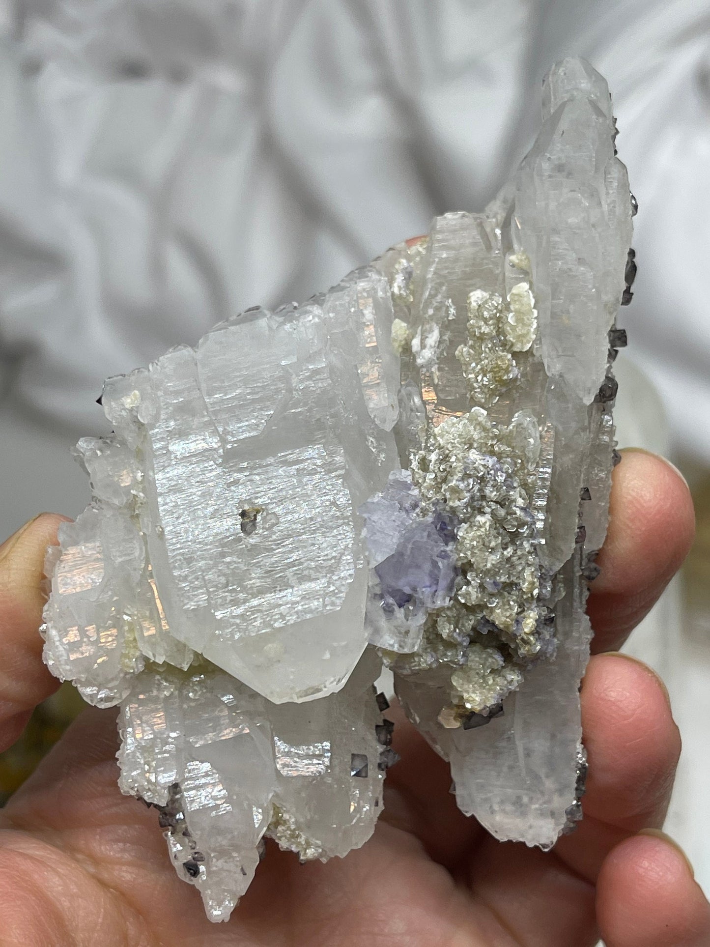 Scheelite, Dolomite, Fluorite, Powellite on Quartz, Yaogangxian, China FL1-031721